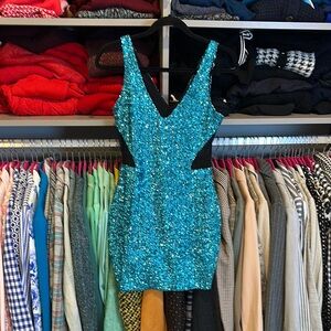 Bebe turquoise and black sequin v back and front sleeveless dress size S